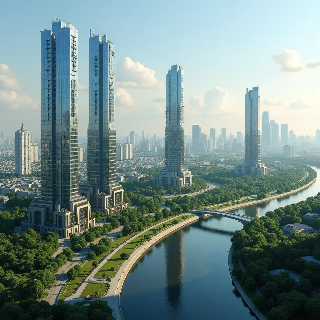 Sanct-Peterburg in 1000 years, a fully smart city, with modern skyscrapers, preserving the historical part of the city. Eco-friendly, with solar panels and farms on roofs, vertical gardening on buildings. Wind turbines. Autonomous space, air and water transport