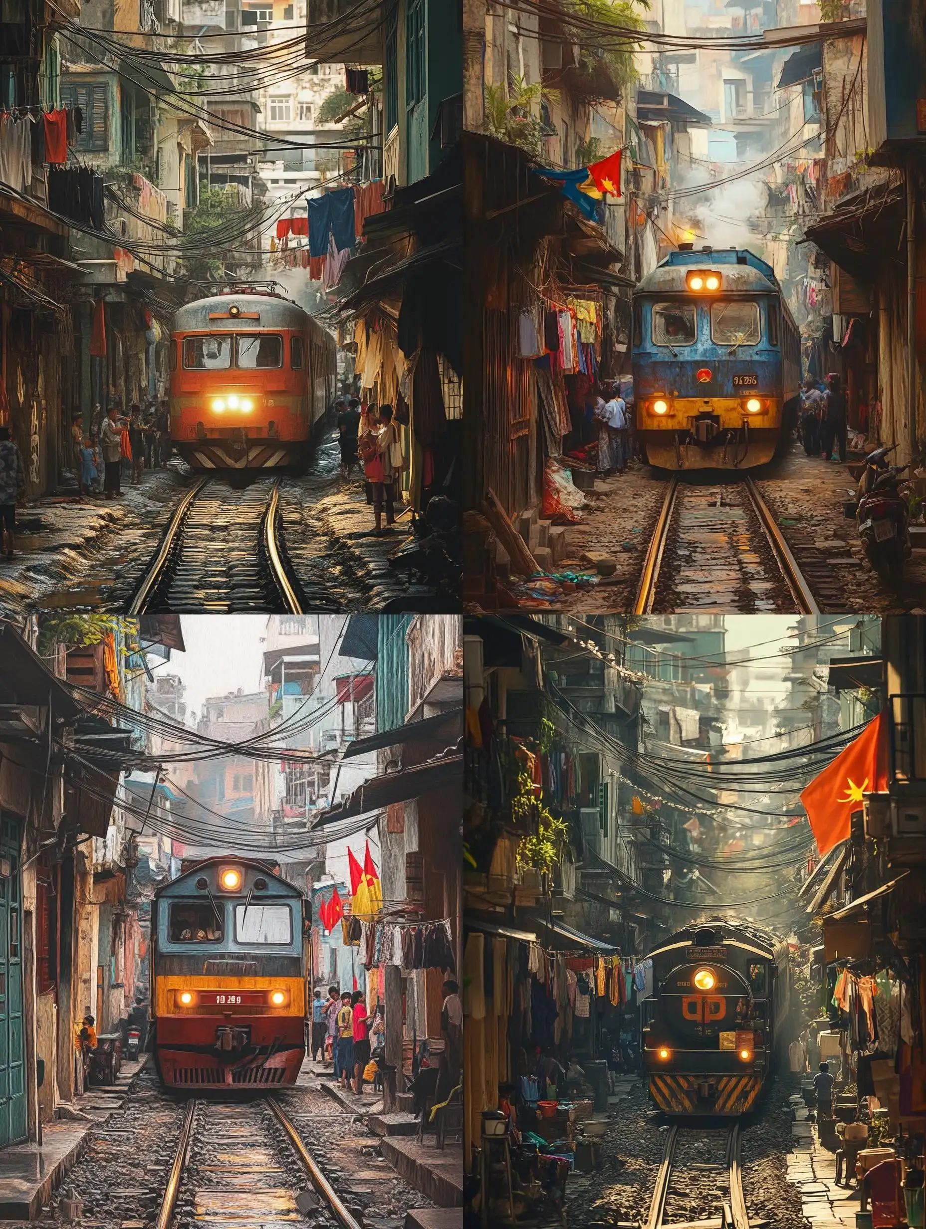 HyperRealistic-Hanoi-Train-Street-Scene-with-Passing-Train-and-Bustling-Alley