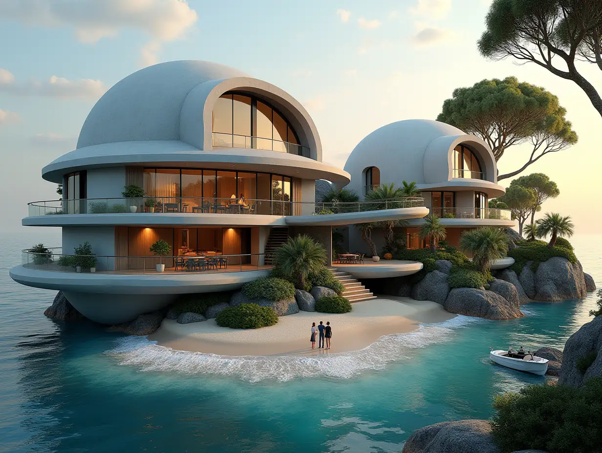 Create a high-resolution, realistic panorama image of a futuristic terrace building with snail house windows with bridge, a yacht and a small beach with people, many plants and grey and brown facades with sea with waves, big trees, ten o'clock in the evening