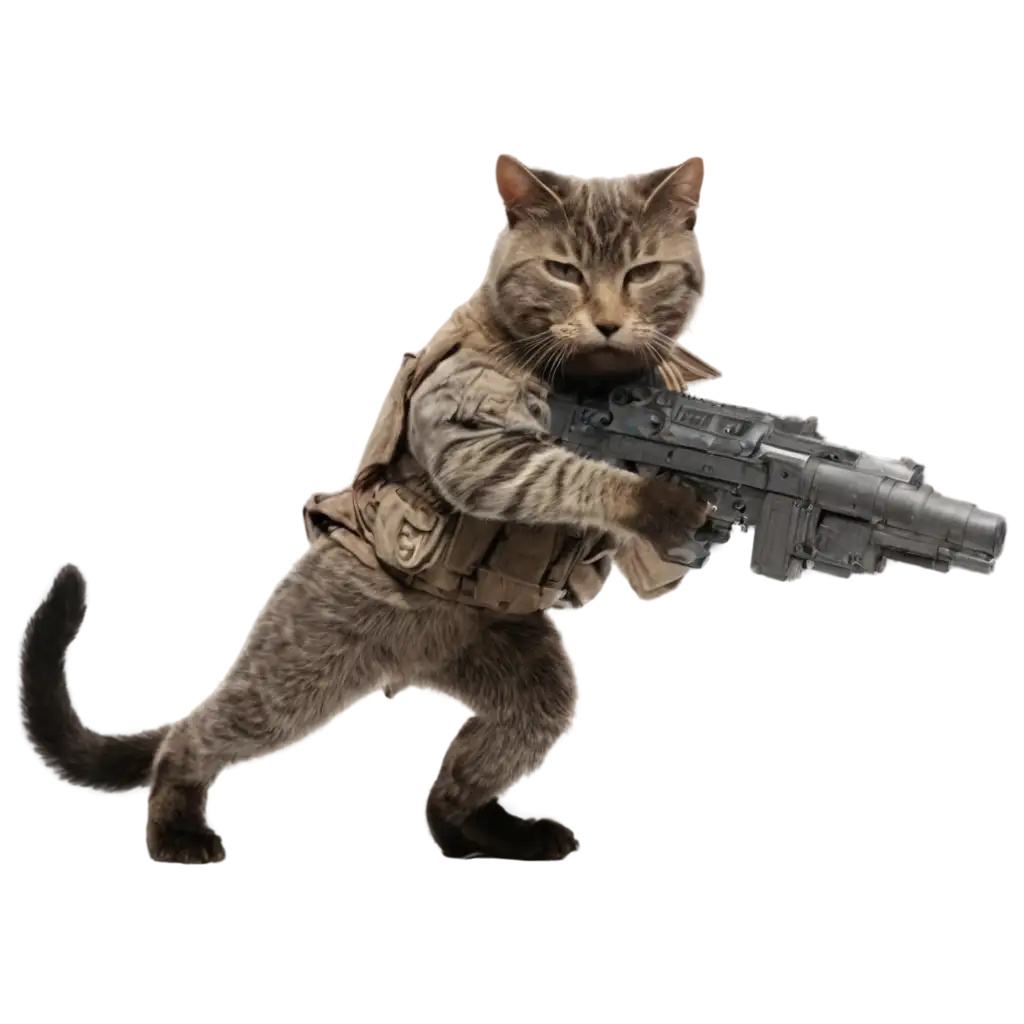 A cat charging on the battlefield with a submachine gun