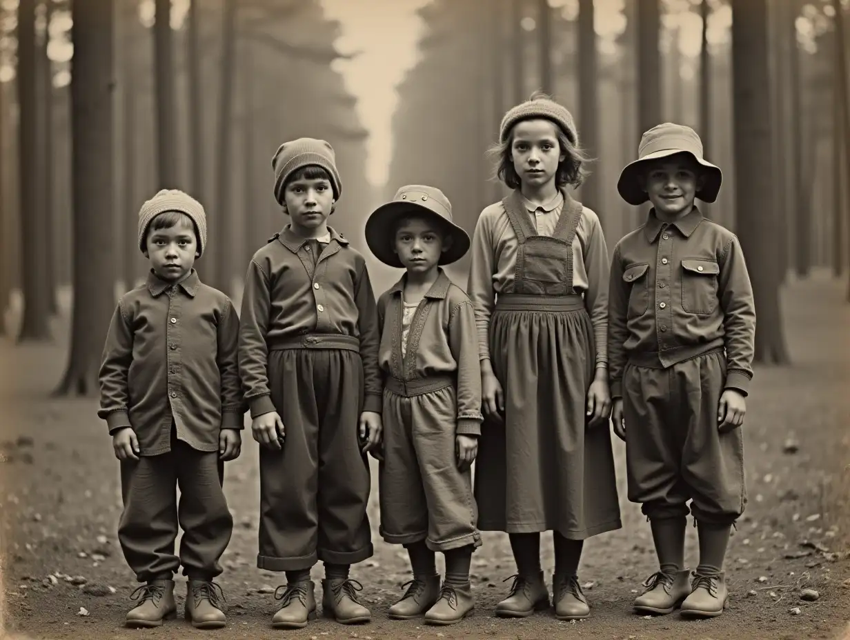 Vintage Photograph of Working Class Children in Forest