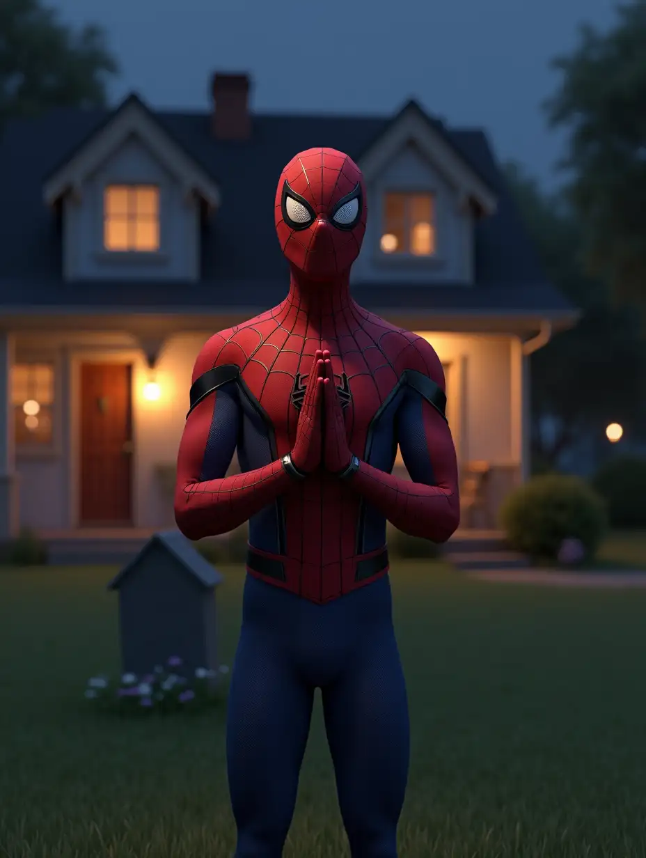 A highly detailed 3D-rendered image of Spider-Man standing in a ‘Namaste’ pose in a beautifully lit backyard at night. His red and blue suit with web patterns is textured realistically, reflecting soft moonlight. His fingers are pressed together in a respectful gesture, and his posture is calm and composed. Behind him, the warmly lit house glows, creating a peaceful yet dramatic contrast. A small gravestone with delicate flowers is visible in the grass, adding a subtle emotional depth. The scene has cinematic lighting, blending realism with stylized animation for a powerful and meaningful moment