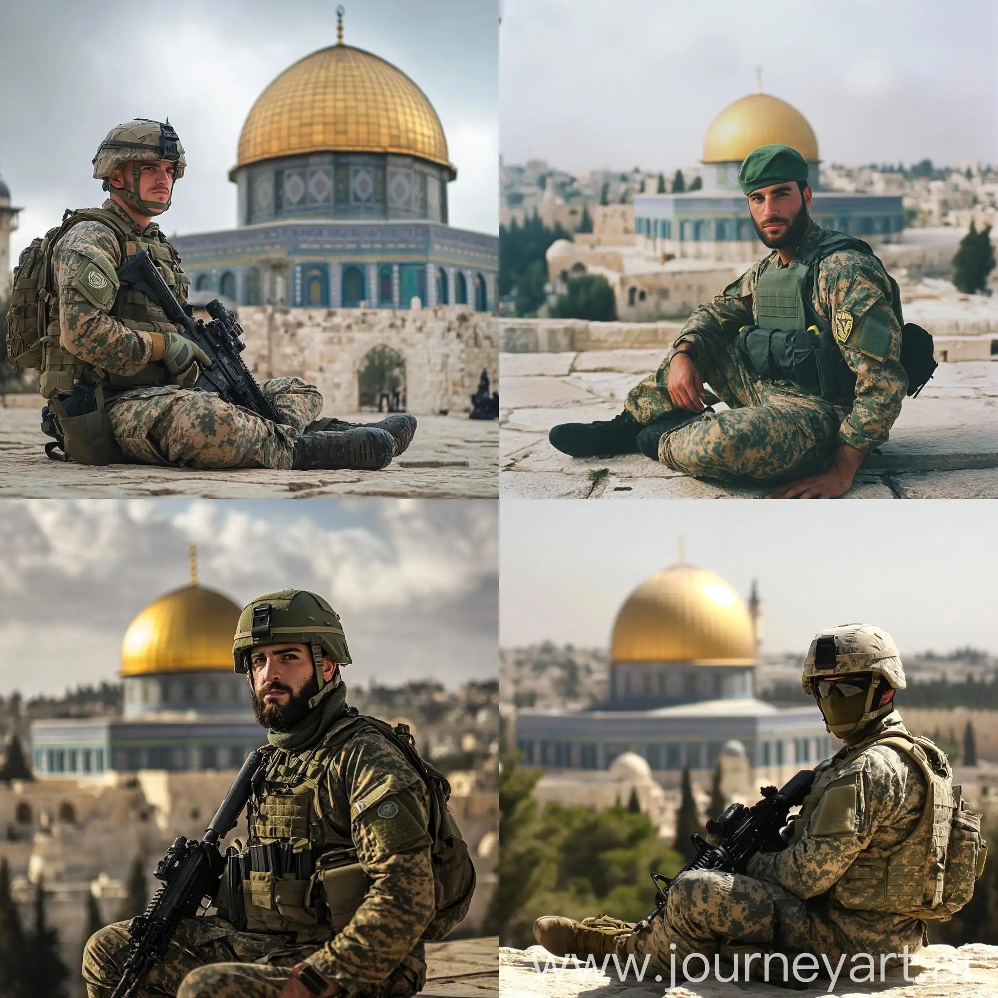 Soldier-in-Jungle-Military-Uniform-with-Dome-of-Rock-in-Palestine