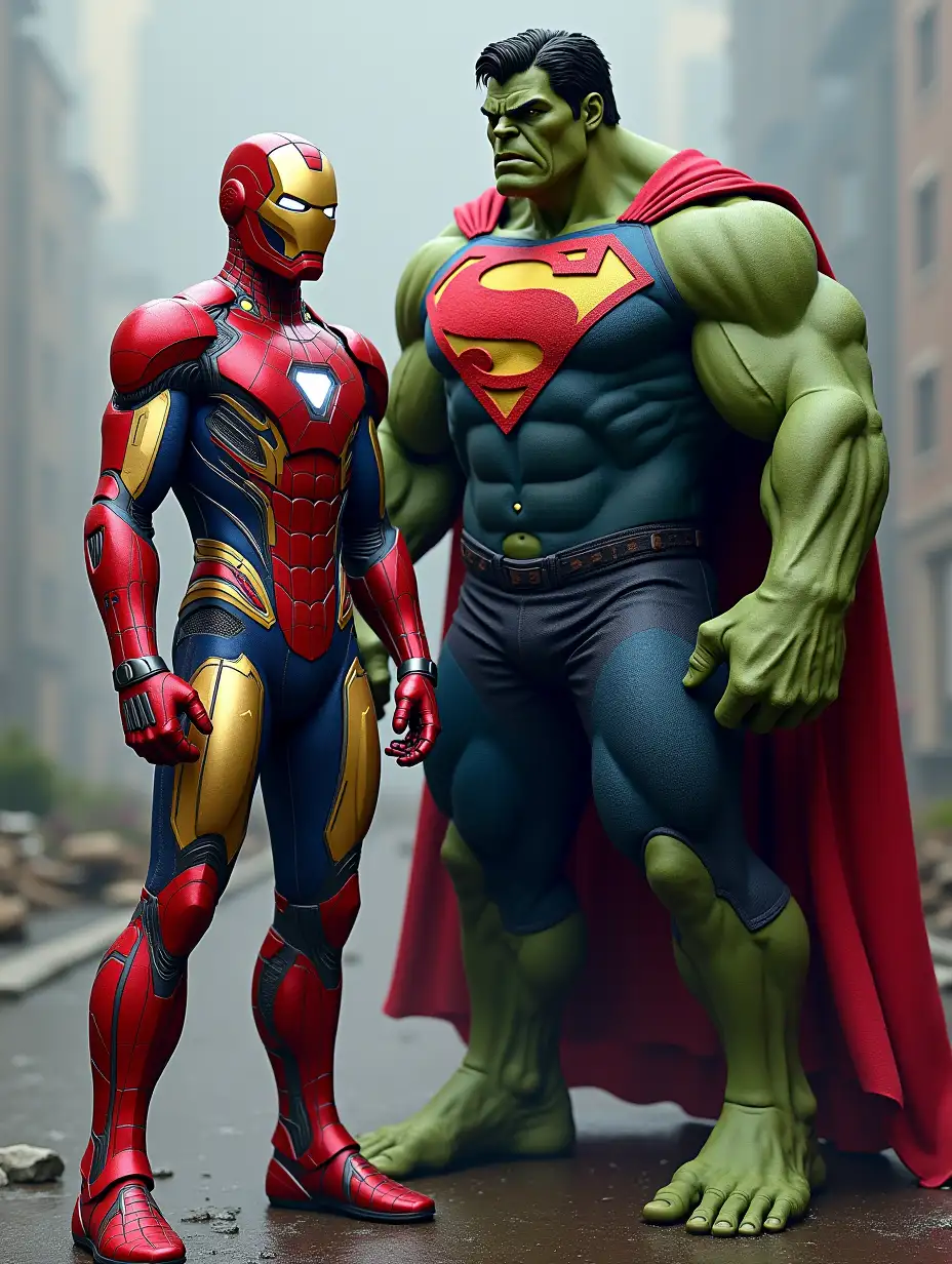 Create an image where Iron Man is wearing a Spider-Man-inspired costume, blending Tony Stark’s metallic suit with Spider-Man's iconic red and blue webbed design. The suit should have Iron Man's signature tech elements like glowing chest and hand repulsors, but with Spider-Man’s mask and webbing patterns seamlessly integrated into the armor. Meanwhile, show the Hulk wearing a Superman costume, with the 'S' emblem stretched across his massive chest. The Superman suit should be slightly torn due to Hulk’s size and strength, yet still retain the classic blue, red, and yellow color scheme, including the cape flaring behind him. The scene should capture the power of both characters in these unusual costumes, standing in a dynamic action pose