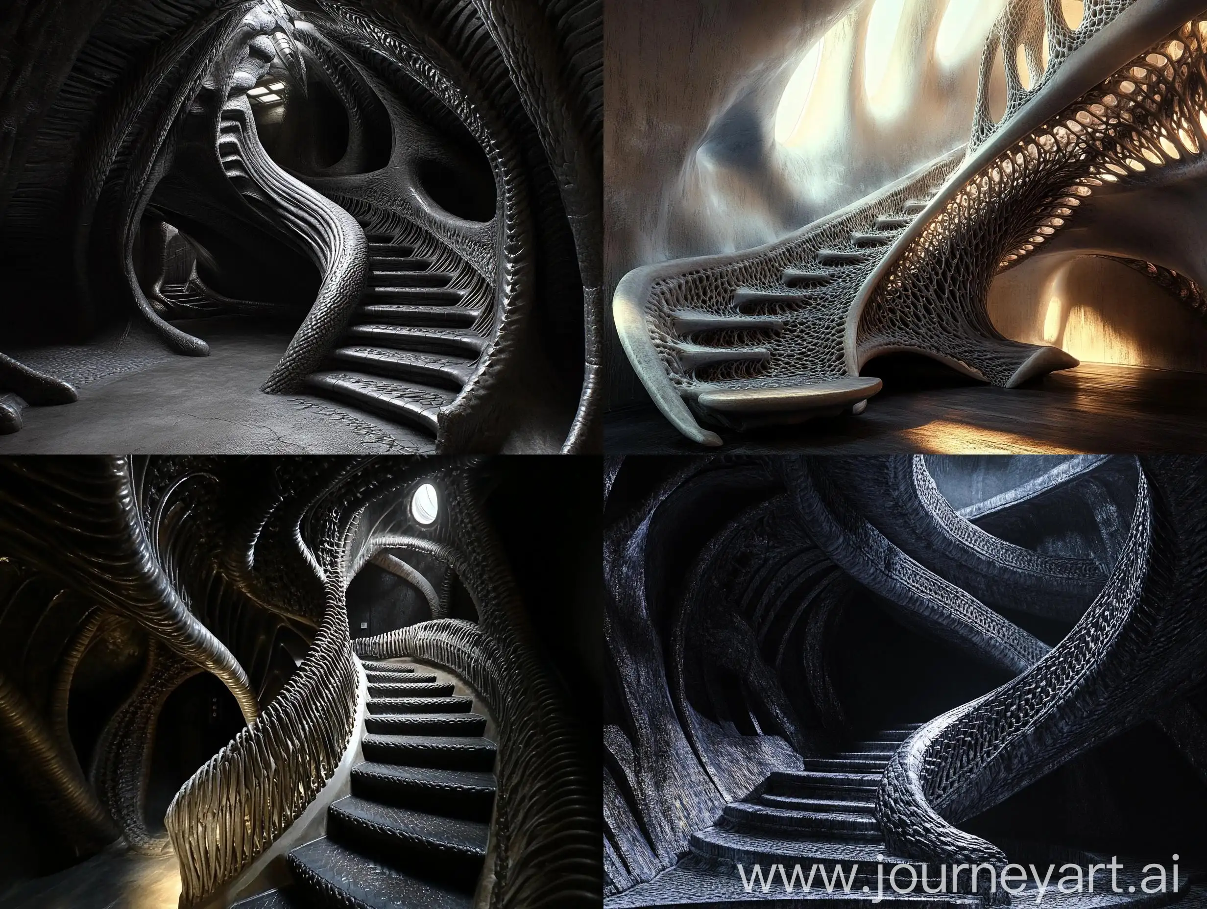 Extraterrestrial-AnimalInspired-Staircase-with-Dramatic-Lighting-and-Resting-Area