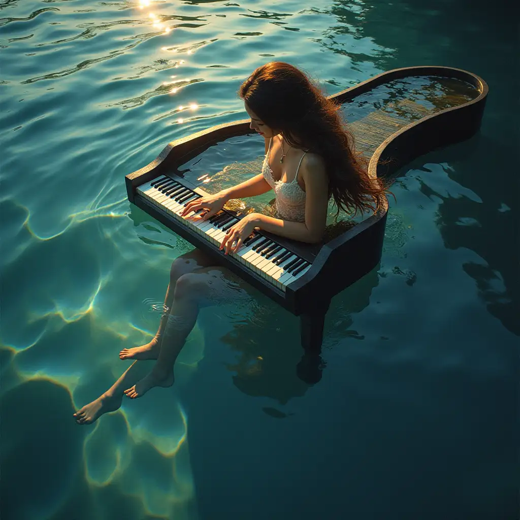 Piano in the water. Art. Dreaming.  Glitter.