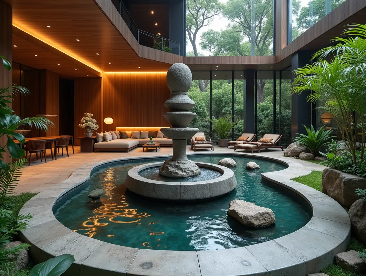 Large modern living room with fountain, Attack on Titan Statue, lighting with furniture, plants with Zen garden with carefully tended rocks, a meditative 180 degree shot 8K resolution Vibrant