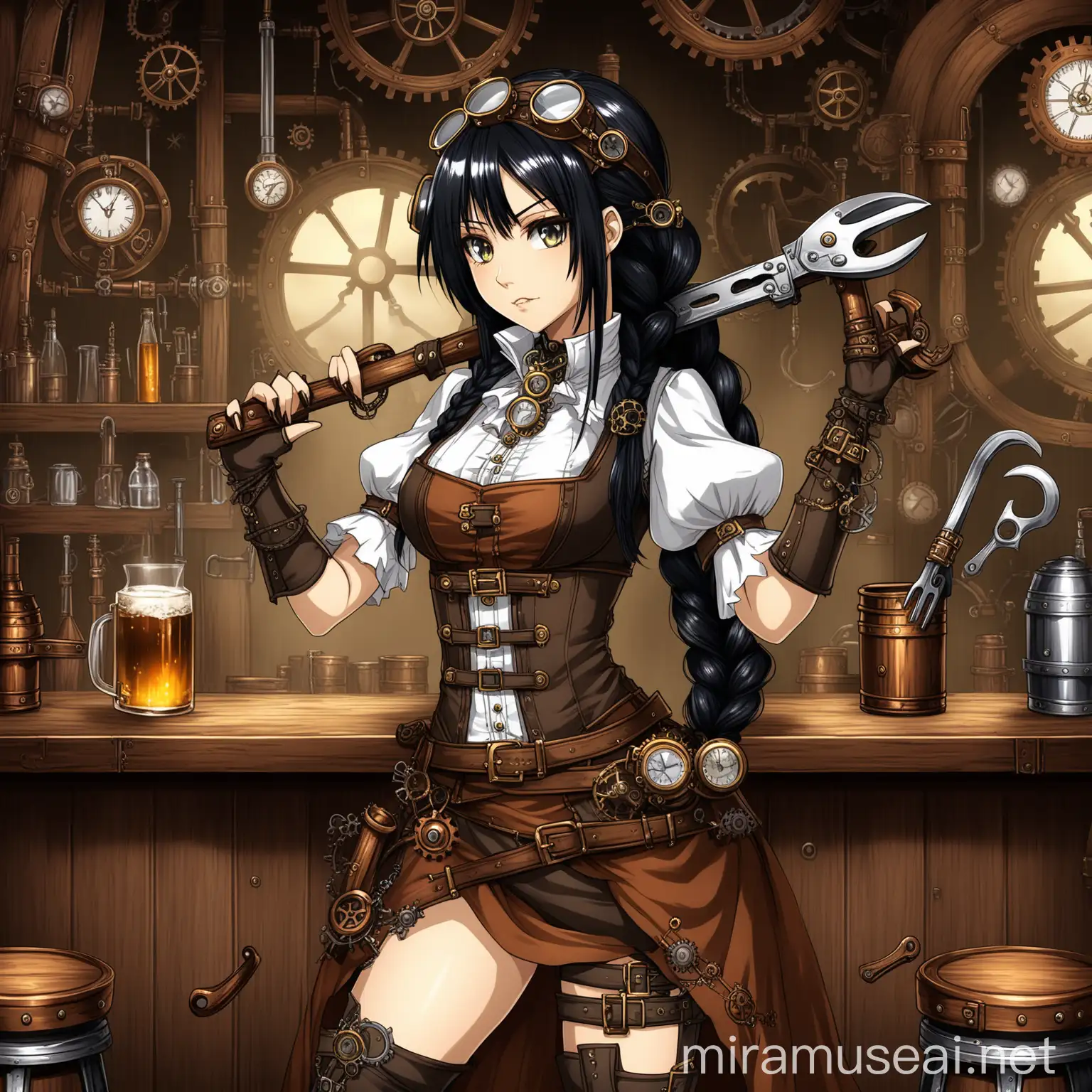 Anime Fantasy Steampunk Woman with Braided Black Hair in Tavern Setting