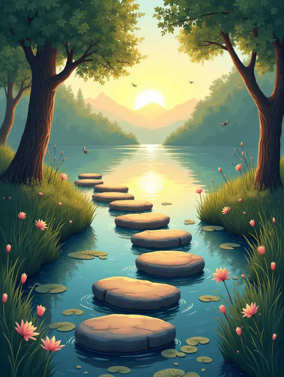 Tranquil-Nature-Path-with-Stepping-Stones-LeadingAI-Image-Prompt-Expansion-to-a-Shimmering-Lake