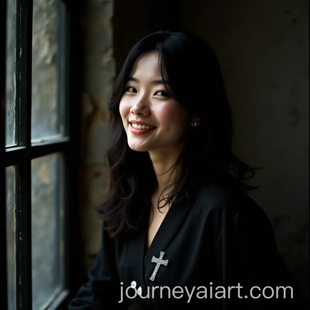Asian-Woman-in-Black-Dress-with-Silver-Cross-and-Vintage-Film-Aesthetic