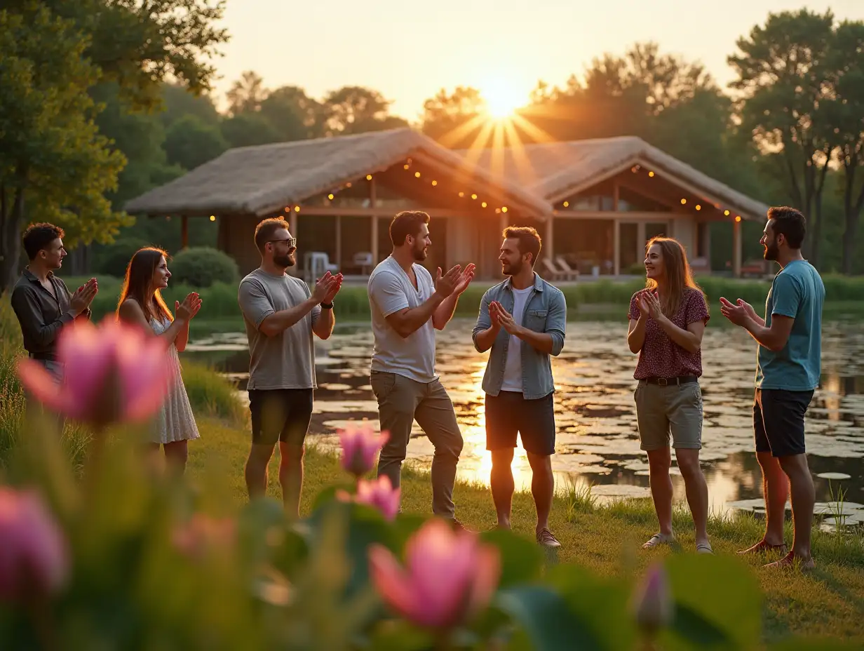 very close in the frame, a lot of men and girls dressed fashionably and modernly in a leisure style cheerfully applaud facing us, they all stand on the shore on a grassy lawn, some distance from a huge eco-pond with crystal clear water and large pink water lilies and natural gentle grassy banks with bioplat of higher lake plants, similar to wild ponds and on the other side there are only 3 small one-storey houses located at some distance from each other and at a distance from the shore of the pond, these houses have the appearance of a one-storey chalet with a gable roof, built from a wooden beam system consisting only of vertical wooden beams and only in the half-timbered style between the glass beams - only with glass walls - with panoramic windows in all walls from floor to roof, that is, each wall is a panoramic window, at sunset and the glare of sunset light and light from garlands on trees and bushes, The foreground is in focus and the background is blurred, realistic