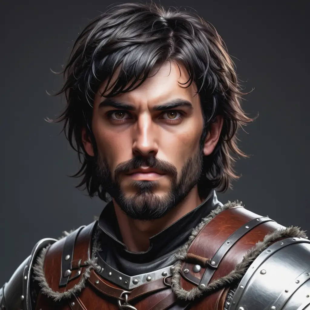 Odd ball man as a handsome rogue in leather armor, he is an adventurer, unique face, scale mail armor, short black hair, he is attractive, he has a medium length shaggy beard