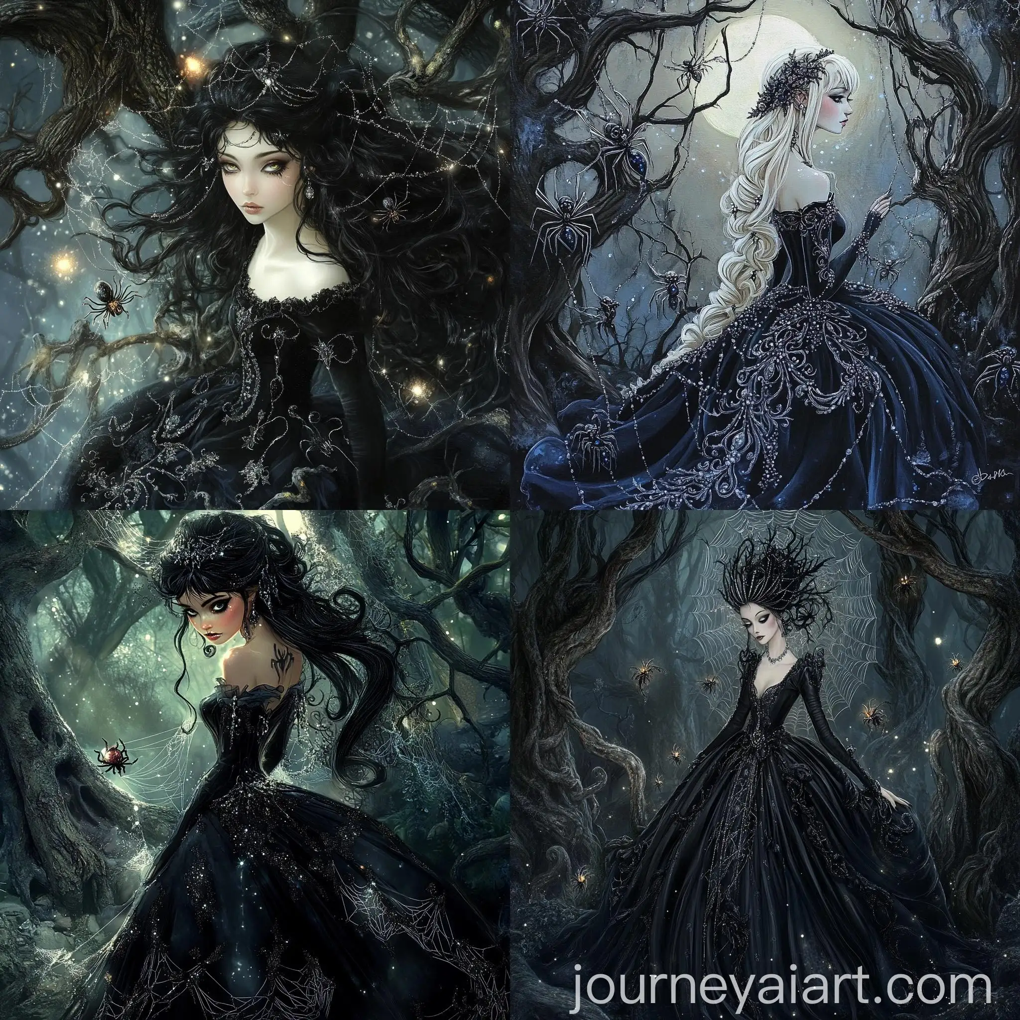 Gothic-Enchantress-in-Twilight-Forest-with-Whimsical-Spiders-and-Fireflies