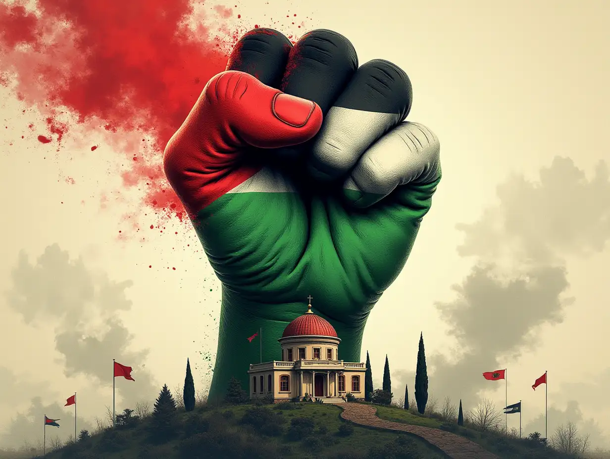 A fist clutching the colors of the Palestinian flag, transformed into the emblem of the Islamic nations on the seal of the League of Arab States, with the phrase (We will return to the homeland no matter how long the time and the house) below