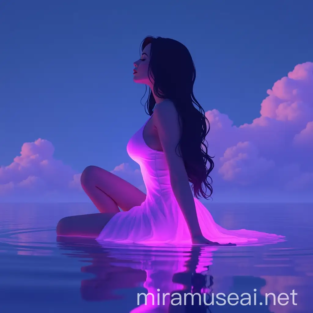 Stunning Woman Sitting in Clouds with Purple Digital Light Dress