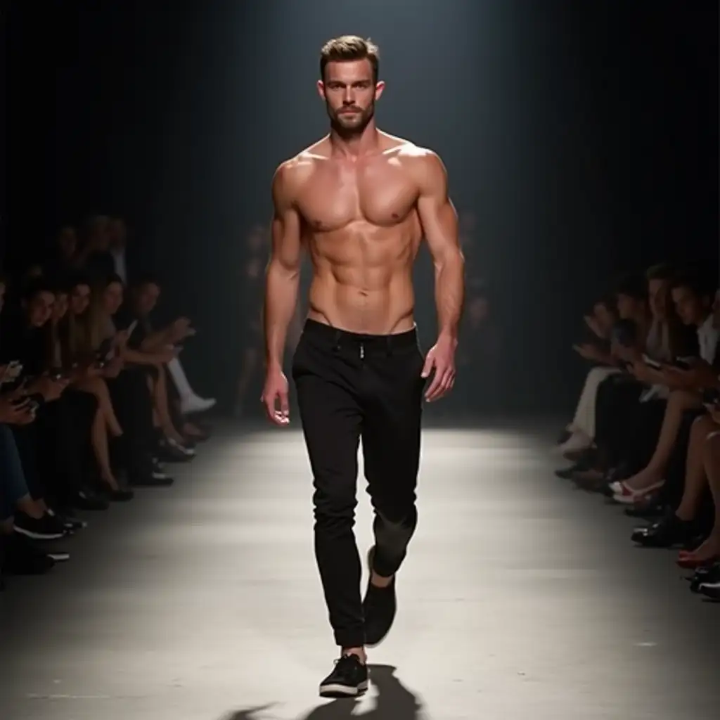 Shirtless-Young-Male-Model-Walking-on-Fashion-Catwalk