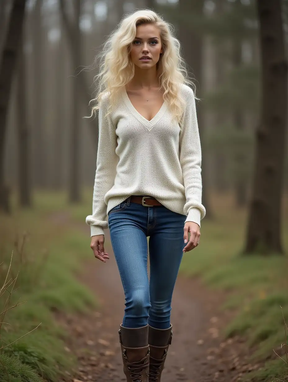 Slim-Athletic-Woman-in-Woodland-Scene-with-Curly-Blonde-Hair-and-Blue-Jeans