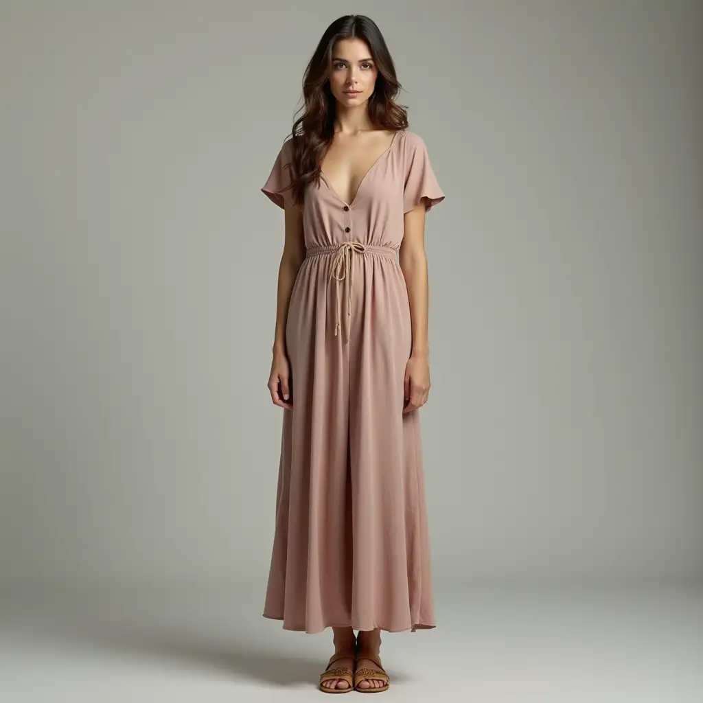 Elegant-Woman-in-Long-Dress-with-Short-Sleeves-Full-Body-Shot