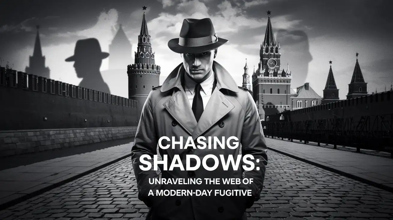 Please make a viral video thumbnail cover for social media with the title in the middle of the image for a video titled: n 'Chasing Shadows: Unraveling the Web of a Modern-Day Fugitive' nn Use spy and Russian imagery.