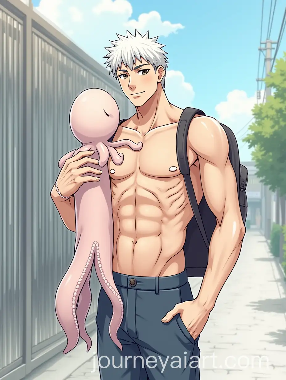 Anime-Manga-Scene-of-a-Tall-WhiteHaired-Guy-Returning-Home-and-Embracing-a-Stuffed-Squid-Toy