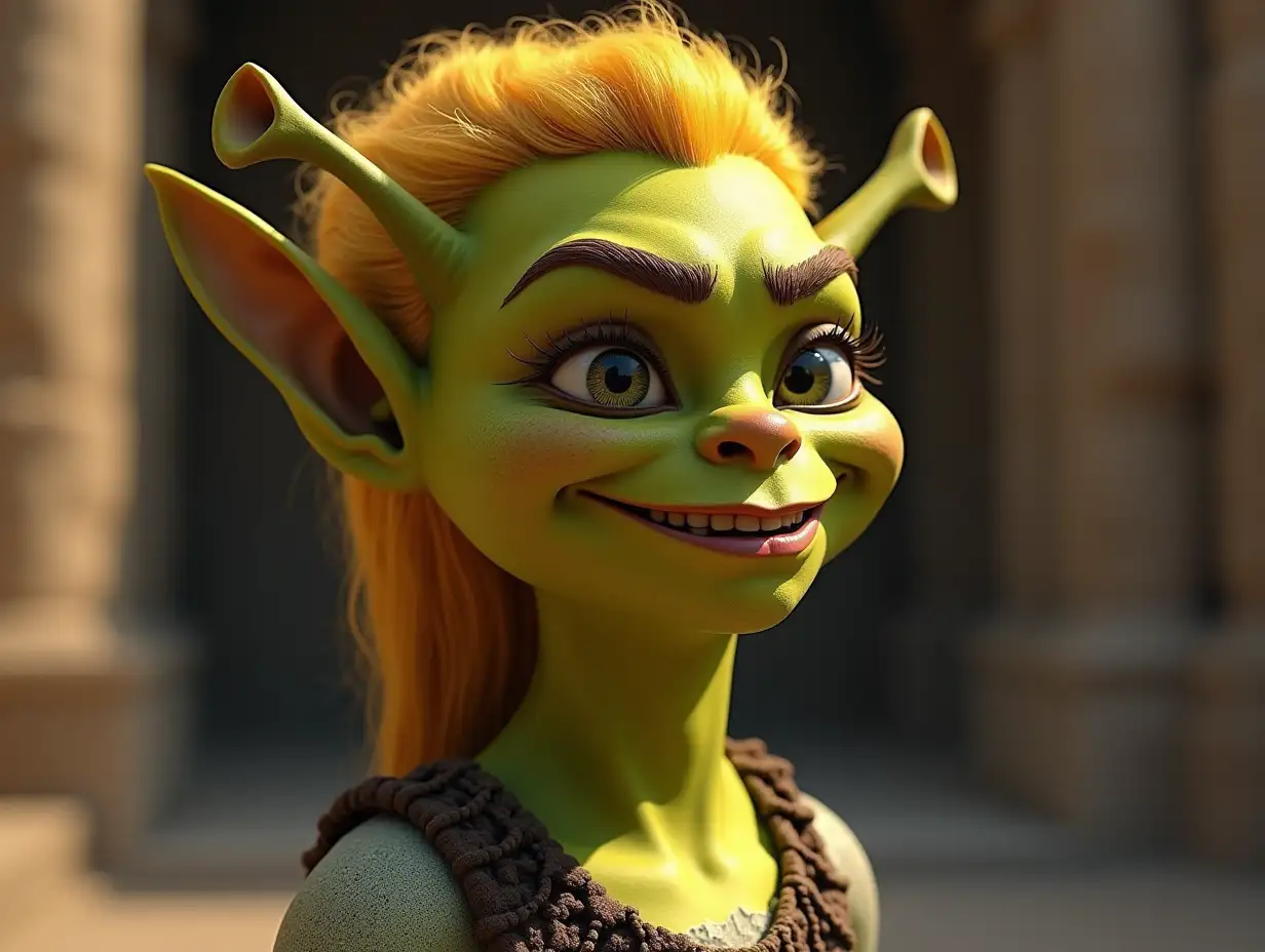 Young black and white patterned Shrek with alien face, long neck, sharp chin with golden hair, with a slight smile on his face highlighting her smile, modern, in a temple of many shades of gold 4k nAlien face, with yellow hair, with a slight anger on his face highlighting her anger, jewelry, in a temple on a rock 4K resolution 