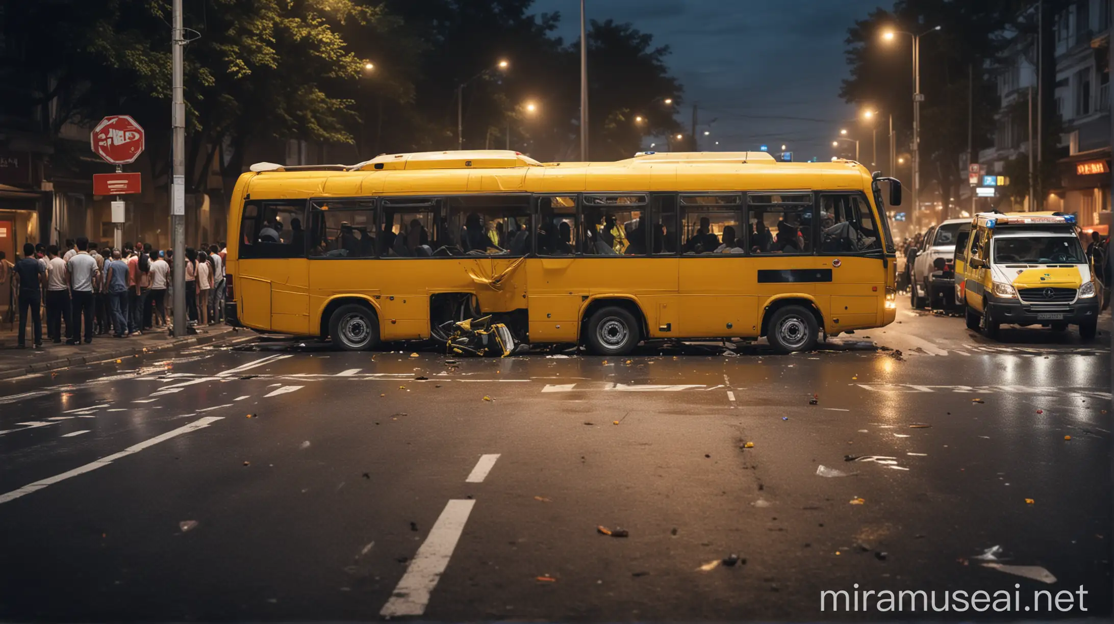 Nighttime Bus Accident with Crowd and Ambulance