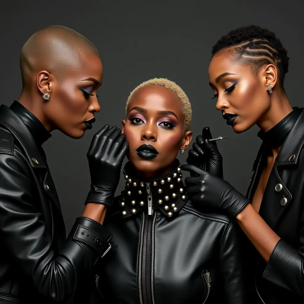 Three-Black-Women-Applying-Makeup-to-African-Woman-Cynthia-Erivo-in-Leather-Fashion