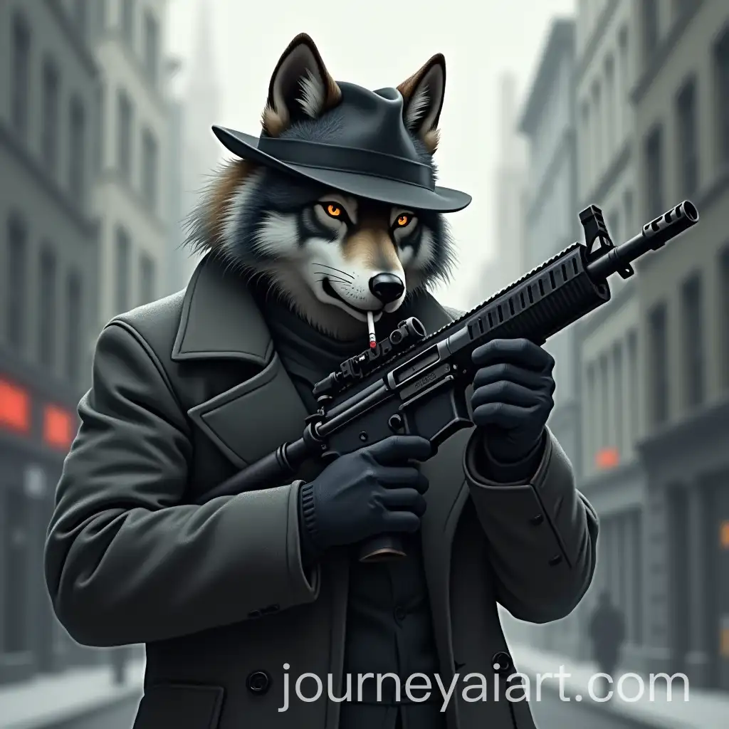 Realistic-Wolf-Gangster-Holding-Machine-Gun-in-Urban-Setting
