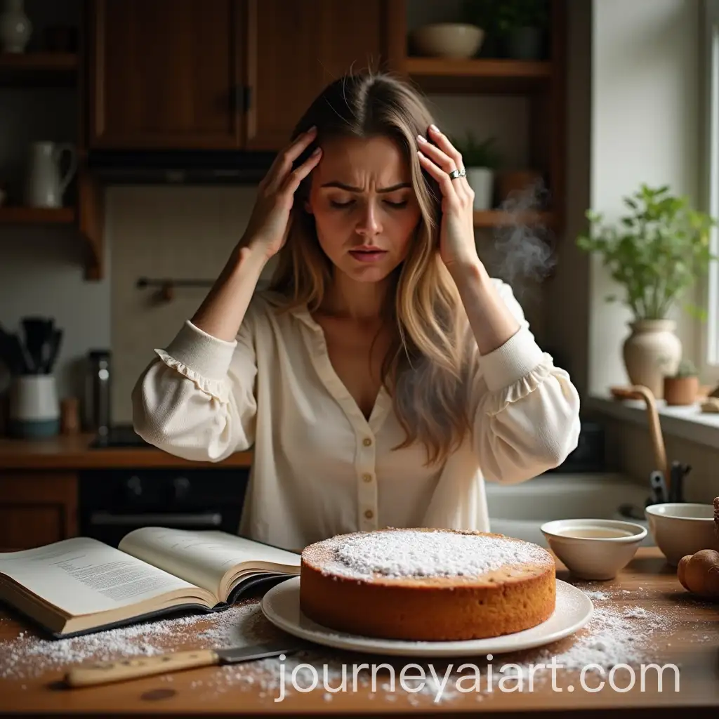Frustrated-Woman-Staring-at-Her-Failed-Cake-in-Cozy-Kitchen