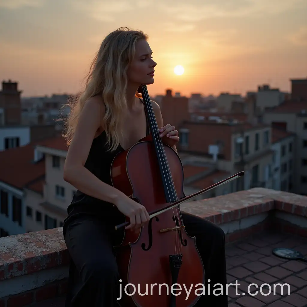 Blonde-Girl-Playing-Cello-on-Roof-at-Dusk