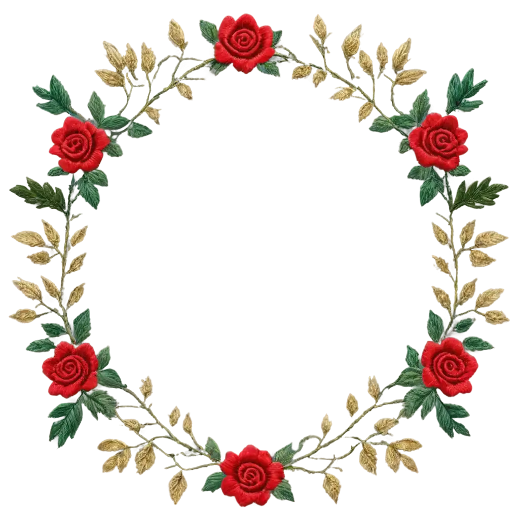 elegant embroidery of colors. The embroidery should include bright, detailed flowers, such as red roses made in a traditional style, the image should convey a sense of comfort and artistry characteristic of handmade work. add leaves