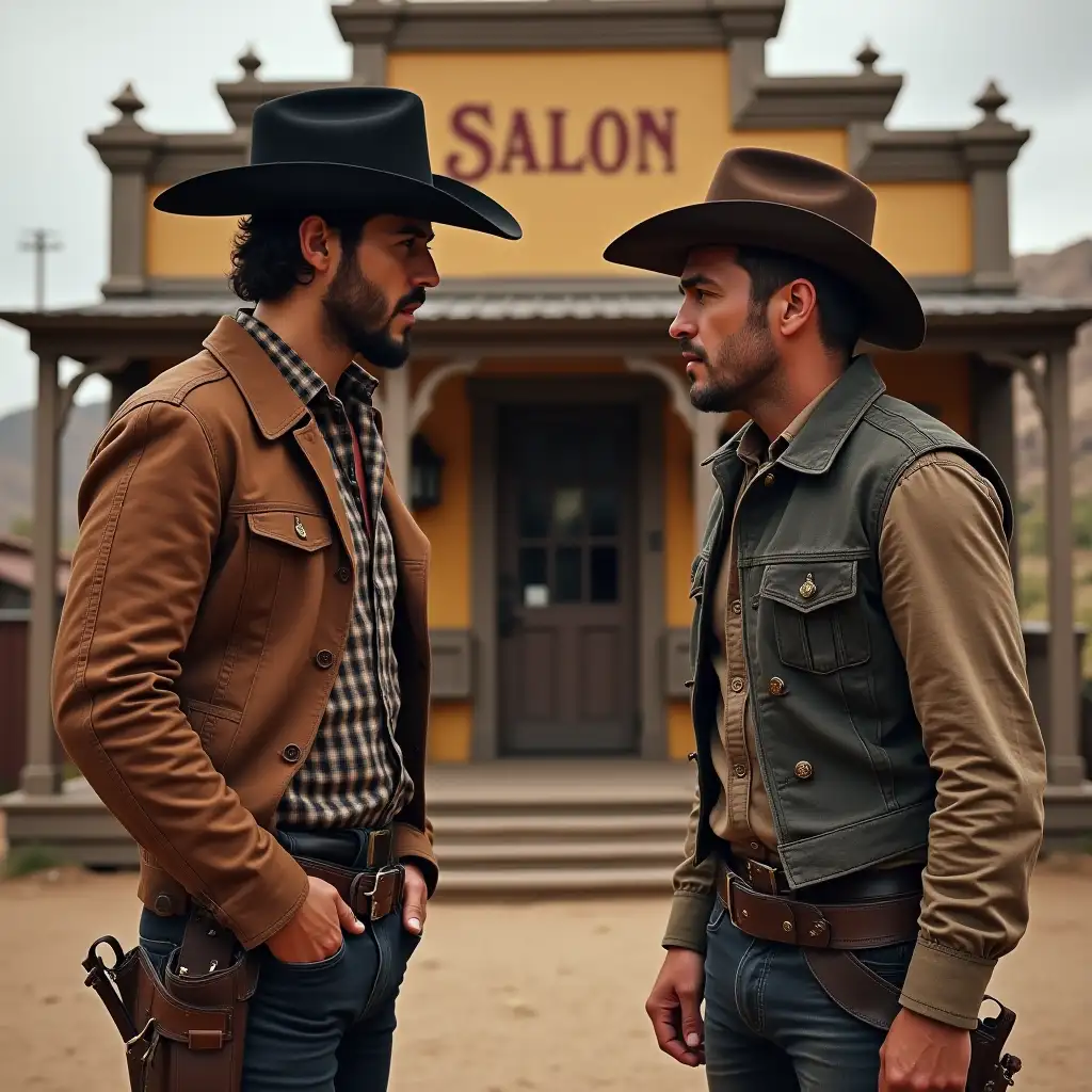 in front of a saloon two cowboys are looking at each other suspiciously