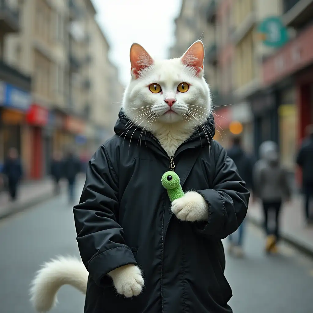 A male cat that is white in color in a city, has a robust body like a human, wears a black coat and carries a green colored worm