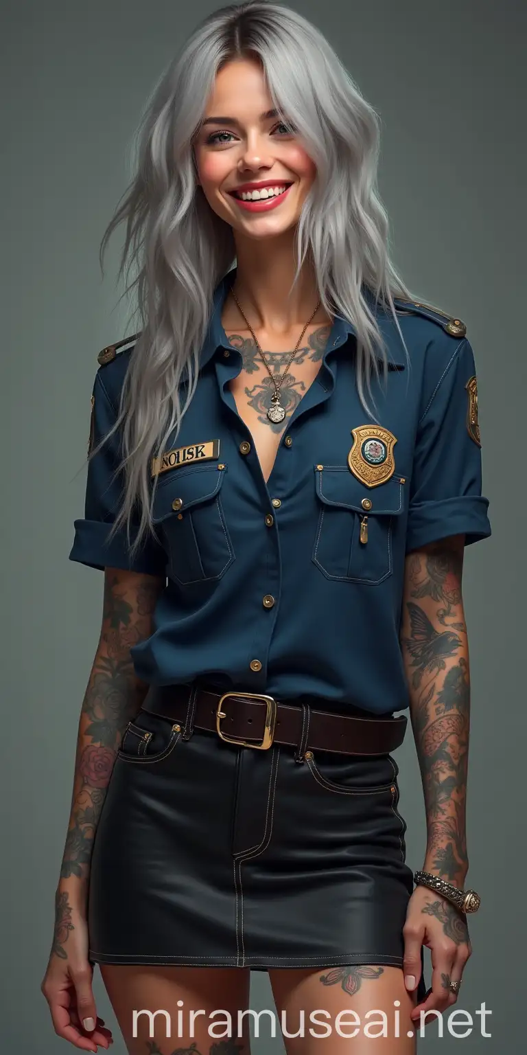 Smiling Cosplay Policewoman with Colorful Tattoos in Trending 16K Portrait