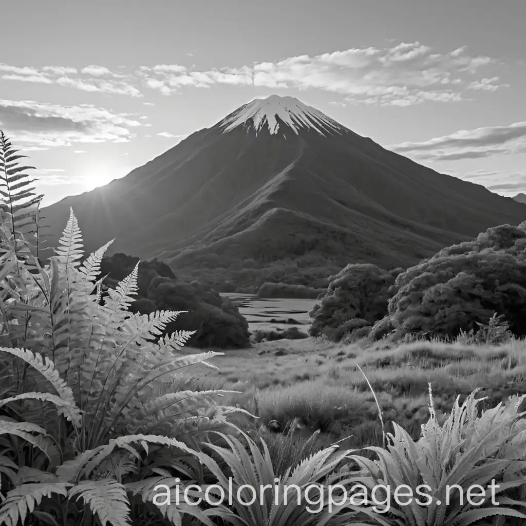 sunset with a Maori wharenui and one mountain, ferns, flax, Coloring Page, black and white, line art, white background, Simplicity, Ample White Space. The background of the coloring page is plain white to make it easy for young children to color within the lines. The outlines of all the subjects are easy to distinguish, making it simple for kids to color without too much difficulty