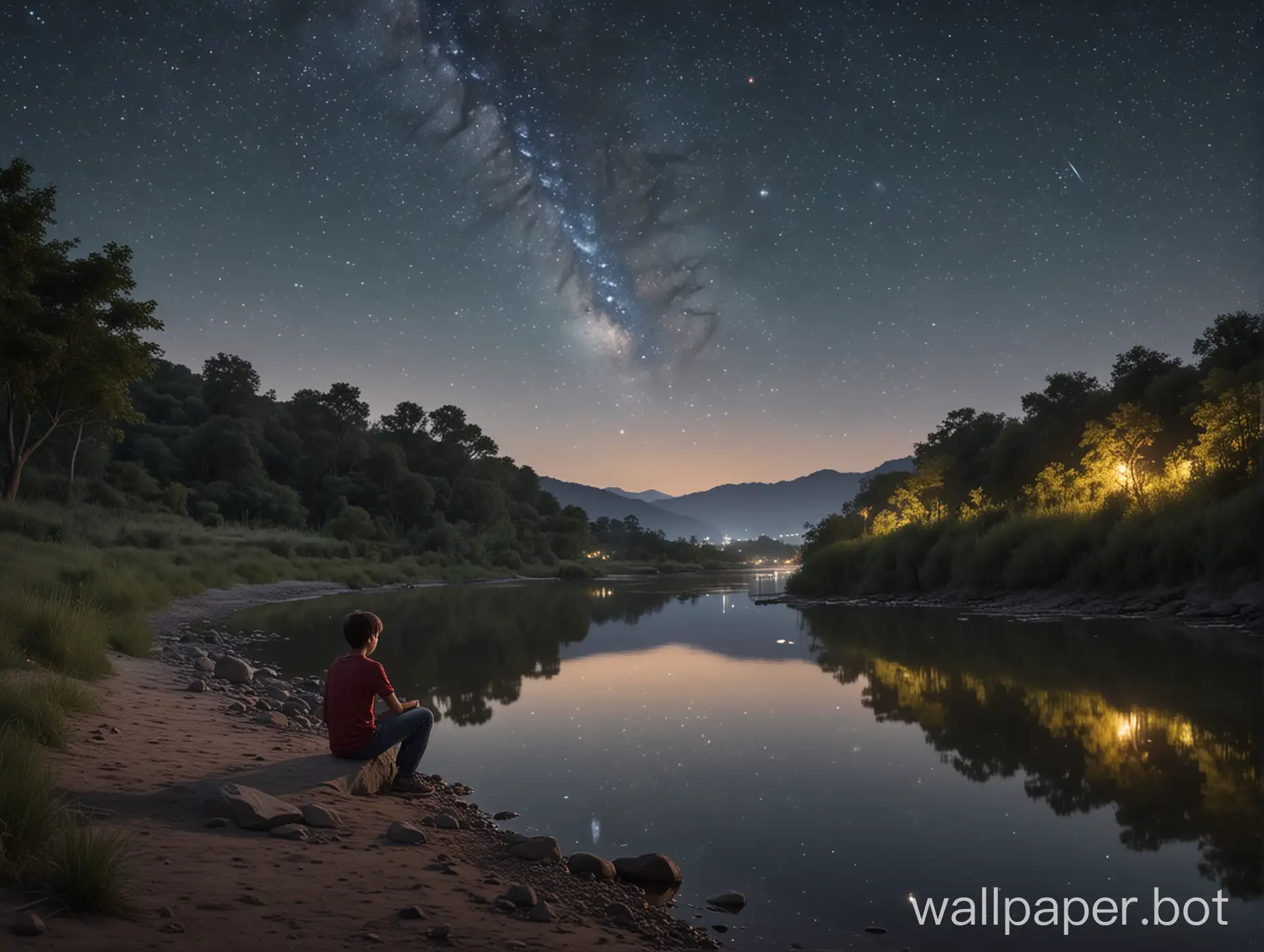 Boy-Sitting-Alone-by-Riverbank-under-Starry-Night-Sky