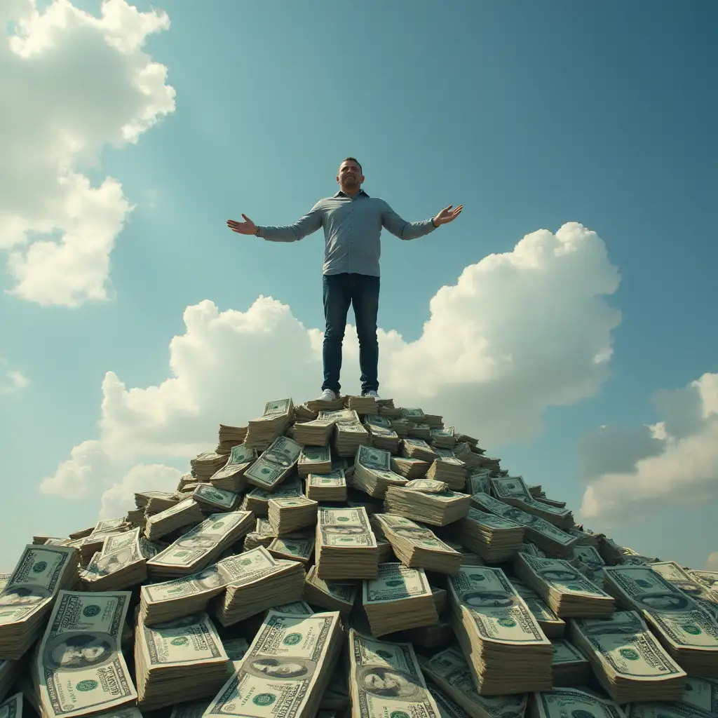 Man-Standing-on-Top-of-a-Mountain-of-Cash-in-a-Drone-Shot