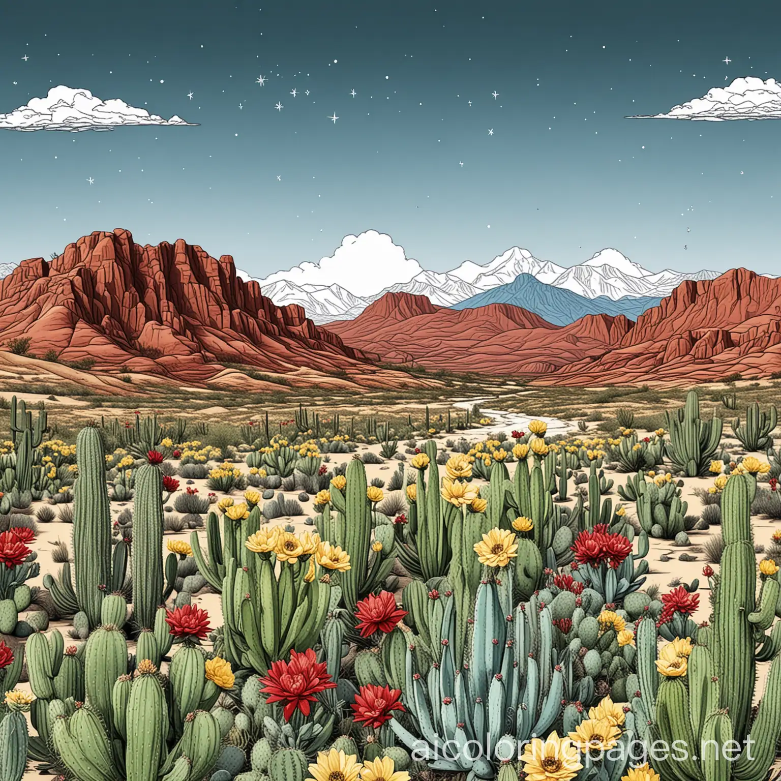 Desert-Fox-Among-Cacti-and-Flowers-Coloring-Page