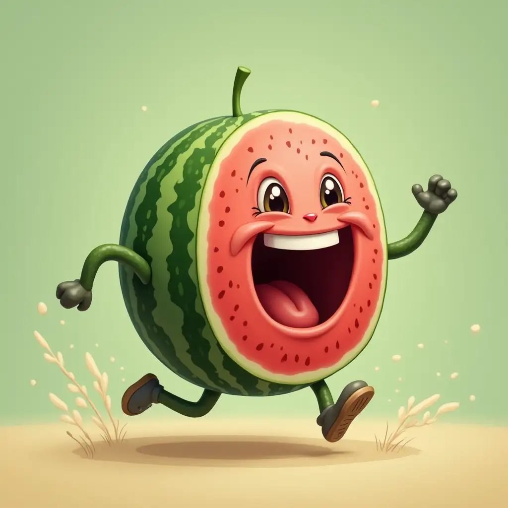 A watermelon is running and it has eyes and it is laughing loudly