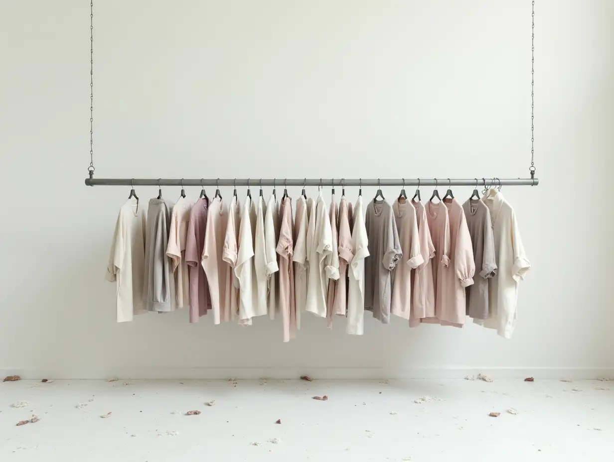 a clean industrial setting with a long horizontal metal pipe or rack against a plain white or light concrete wall. Clothes are hanging densely from the rack, carefully arranged to subtly spell out the letters 'RnD' through the folds, shapes, and positioning of the garments. The garments feature a cohesive palette of pastel and low-saturation colors, with natural textures and realistic details. The floor is scattered with subtle fabric scraps and small debris, enhancing realism. Soft, directional lighting emphasizes the clothes while casting gentle shadows, creating a calm, industrial, and minimalistic atmosphere.