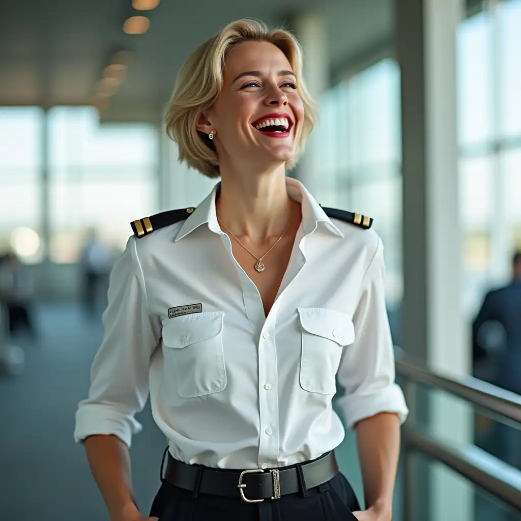 white norvegian pilot lady, in white deep-necked pilot shirt, laughing with her mouth open, red lipstick accentuating her smile,belt on waist, big wide hips, chest are fully grown, jewerly, short hair, HD, enjoing at airport , photo-realism