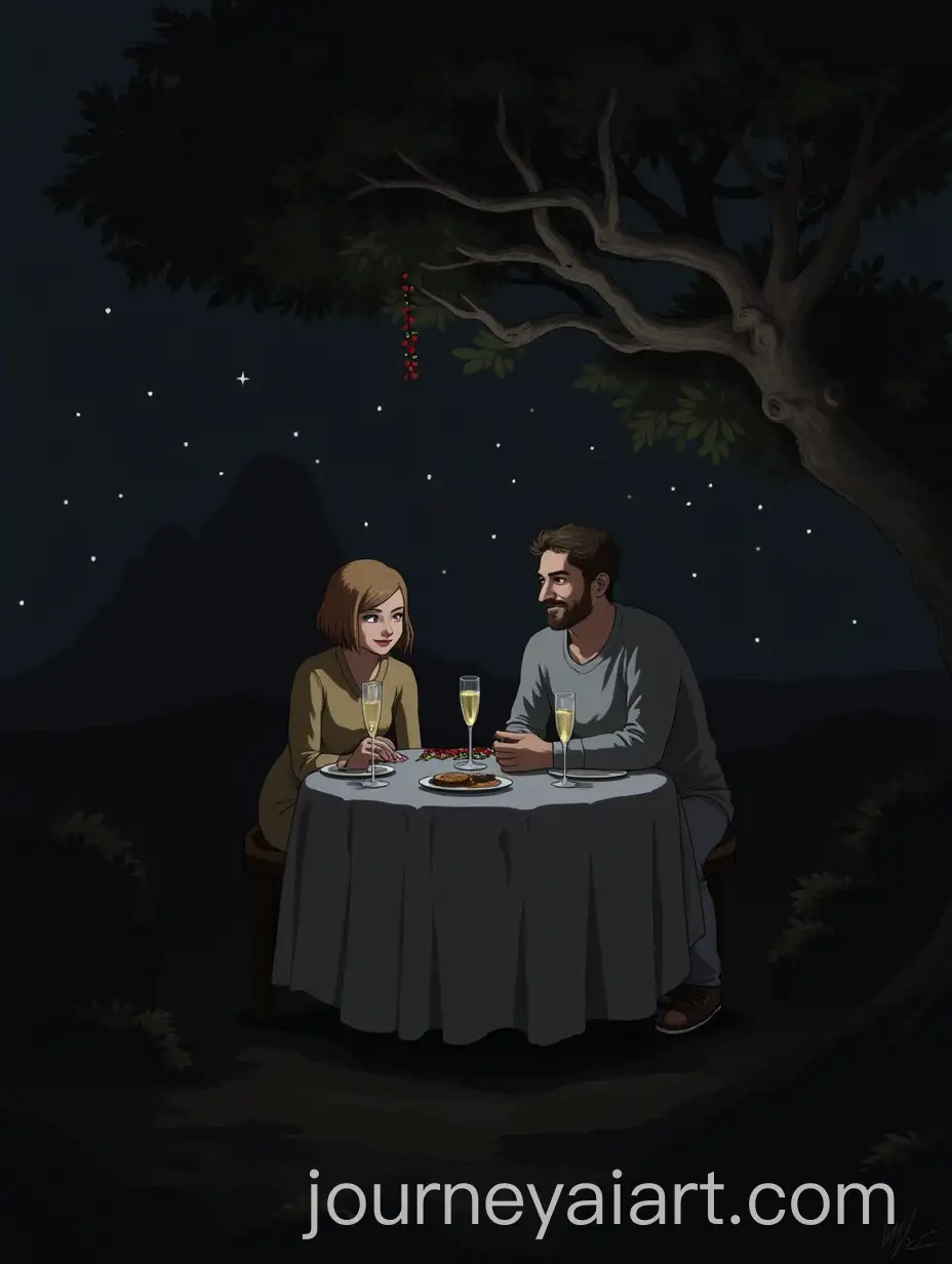 Girl-and-Man-Sitting-at-a-Table-with-Champagne-Christmas-Tree-and-Garland-in-Soft-Lighting