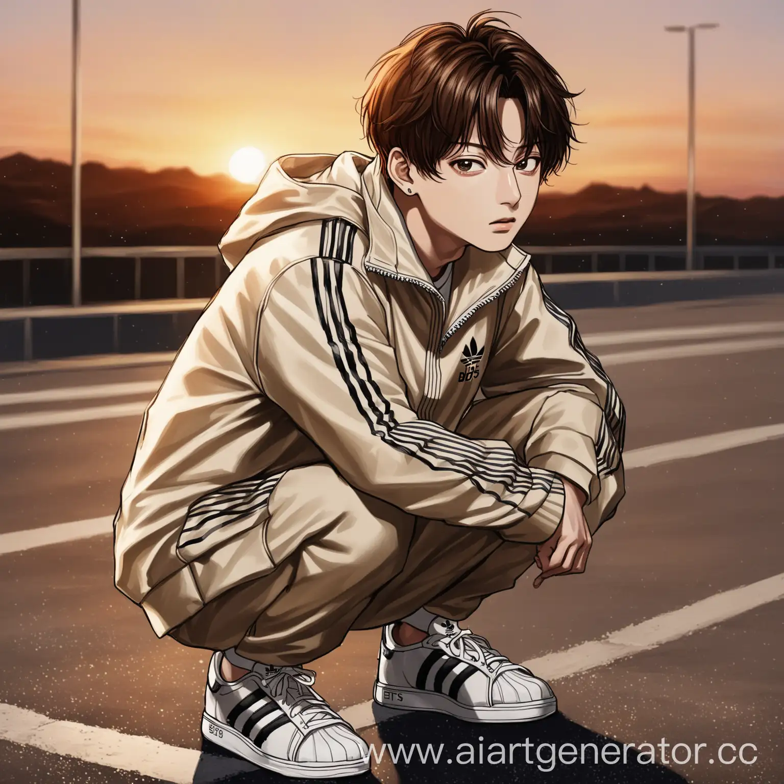 painted art drawing, jungkook FROM BTS, jungkook facial features from BTS.
jungkook in a beige Adidas Olympic jacket, jungkook squats on the asphalt looking ahead, his gaze empty, stern, emotionless, the wind blows his hair, sunset