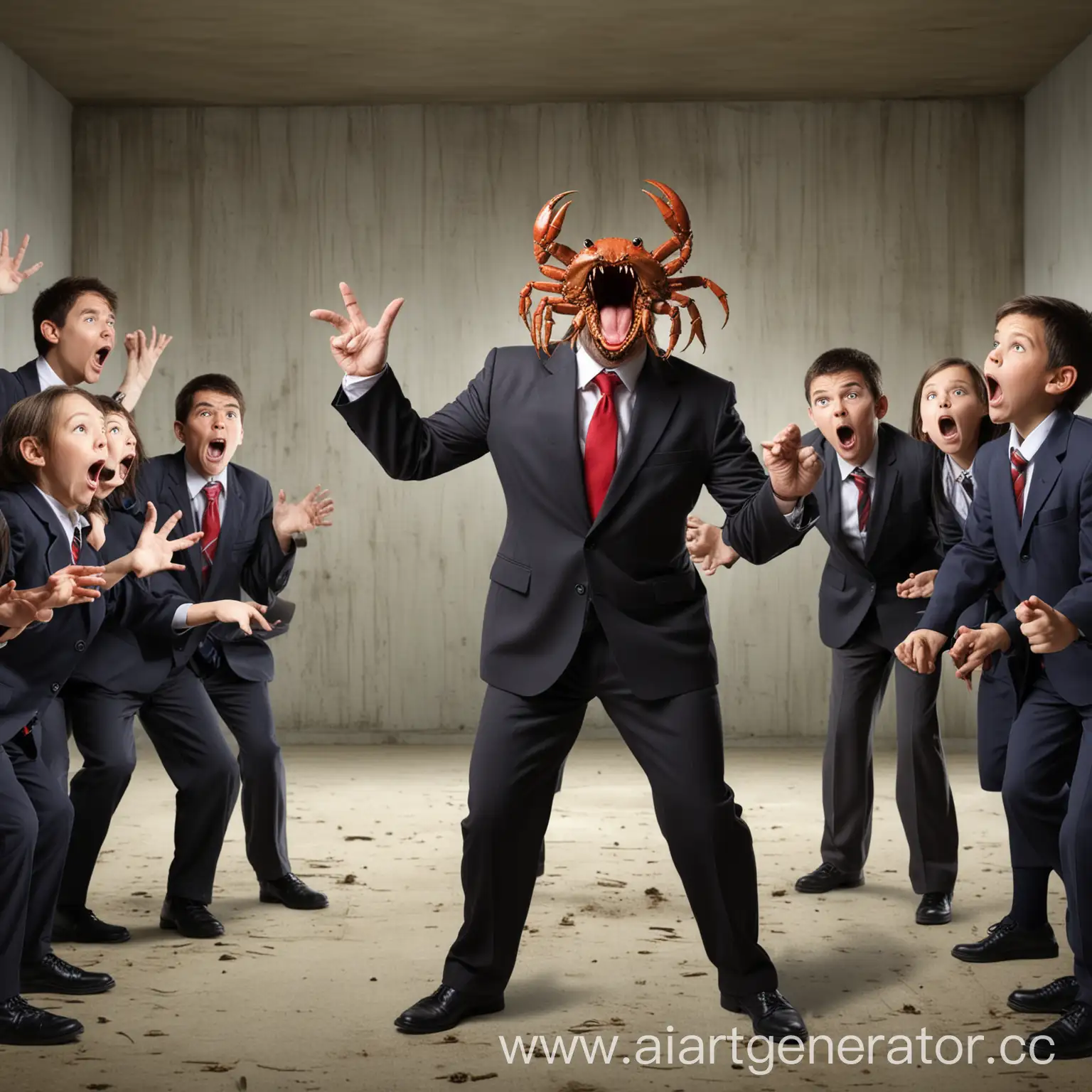 Crab-Teacher-Shouting-at-Students-in-Business-Suit-Children-in-Fear