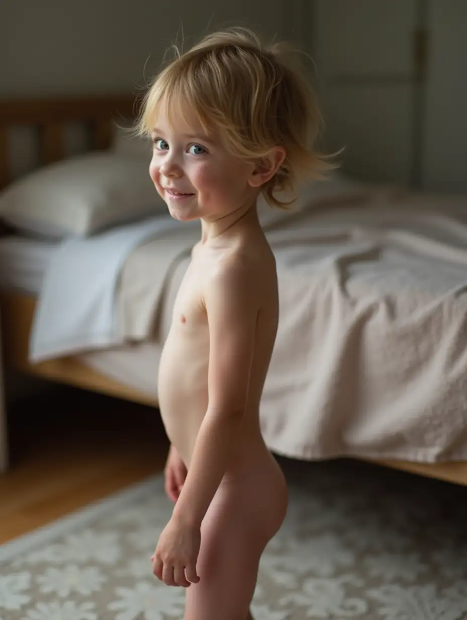 Shy-Little-Girl-with-Wispy-Hair-and-Blue-Eyes-Standing-Beside-Bed