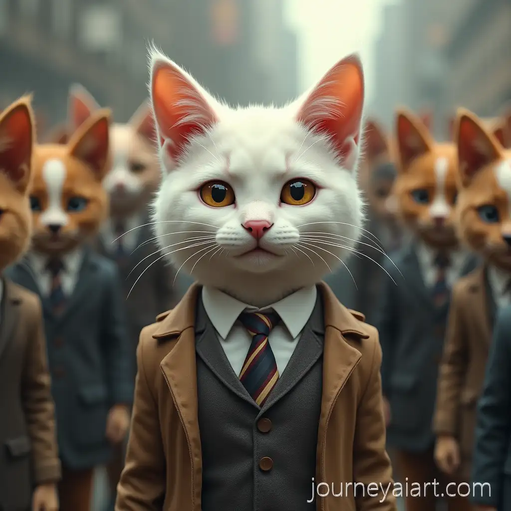 Anthropomorphic-Girl-CatAnthropomorphic-cat-in-office-in-Office-Clothing-Among-Dog-Men-in-a-Crowded-Workplace