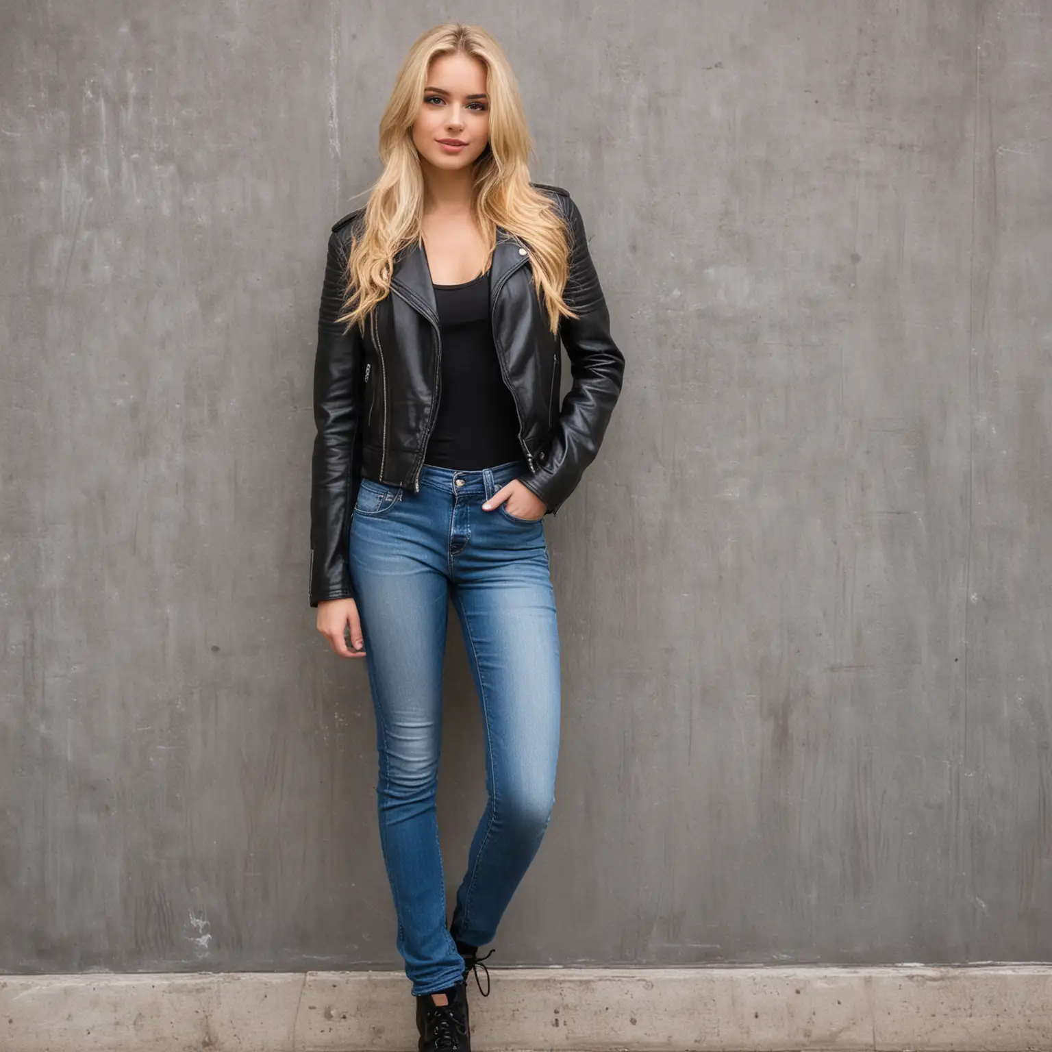 tall blonde girl wearing jeans and leather jacket