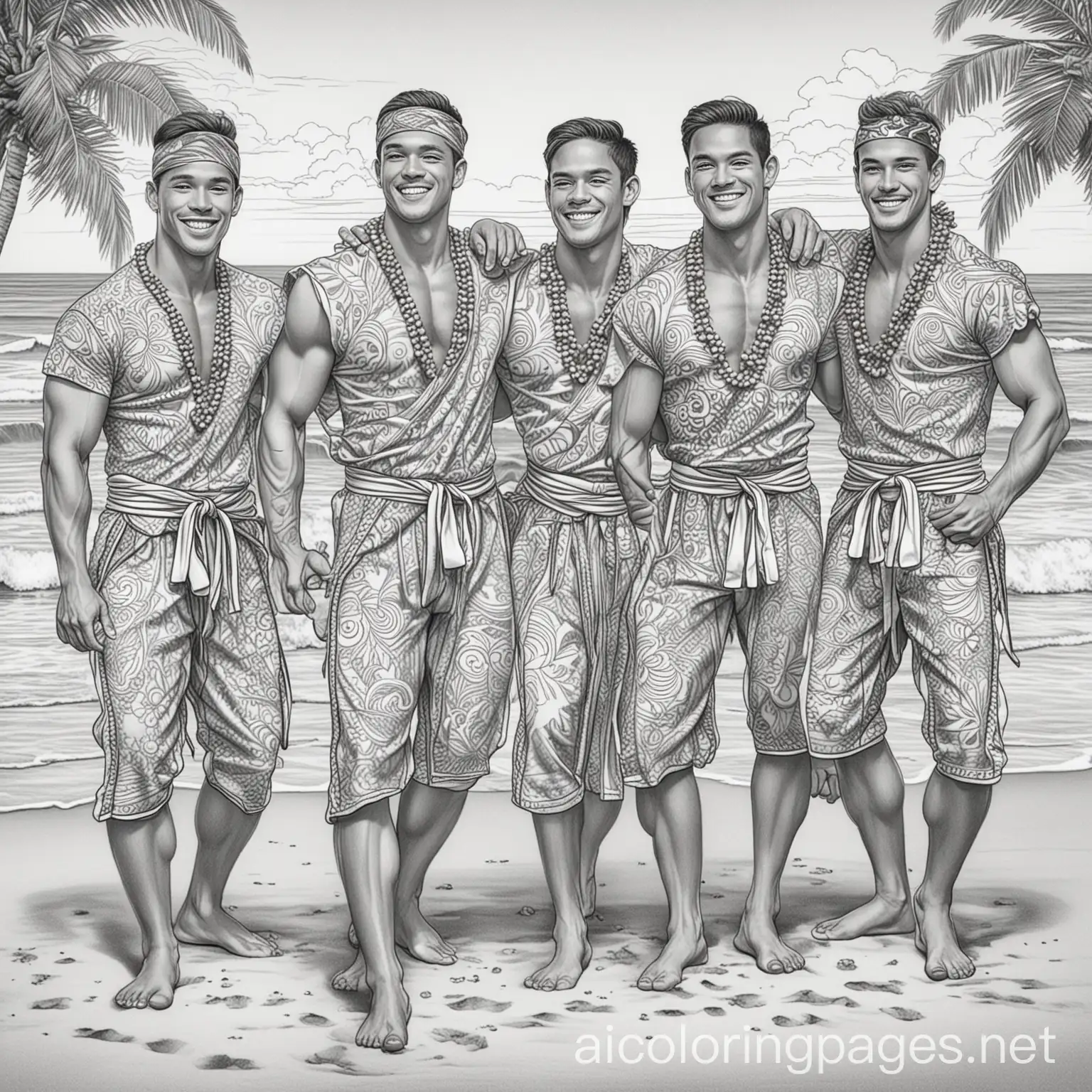 A stunning illustration of a group of male dancer from hawaii for an adult coloring book. Each dancer has their own distinct features, from facial expressions to attire. They are gracefully performing on a beach by the sea, with elegant patterns and intricate designs. Surrounded by decor, adding to the lively atmosphere. The image should be without the use of grays, nor shadings or colors. Black lines and white background., Coloring Page, black and white, line art, white background, Simplicity, Ample White Space. The background of the coloring page is plain white to make it easy for young children to color within the lines. The outlines of all the subjects are easy to distinguish, making it simple for kids to color without too much difficulty