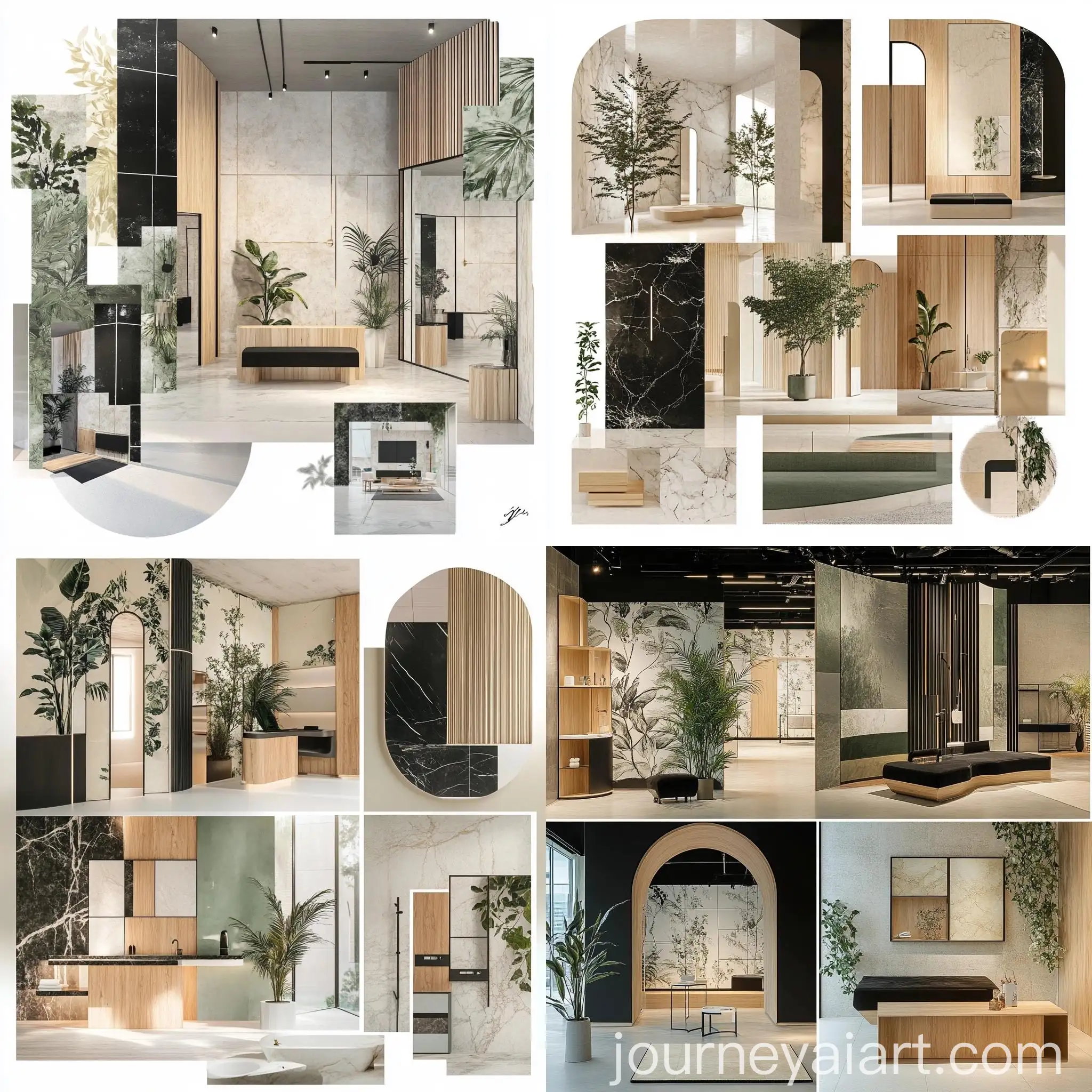 Modern-Showroom-Interior-with-Botanical-Print-Wallpaper-and-Textured-Wood-Walls