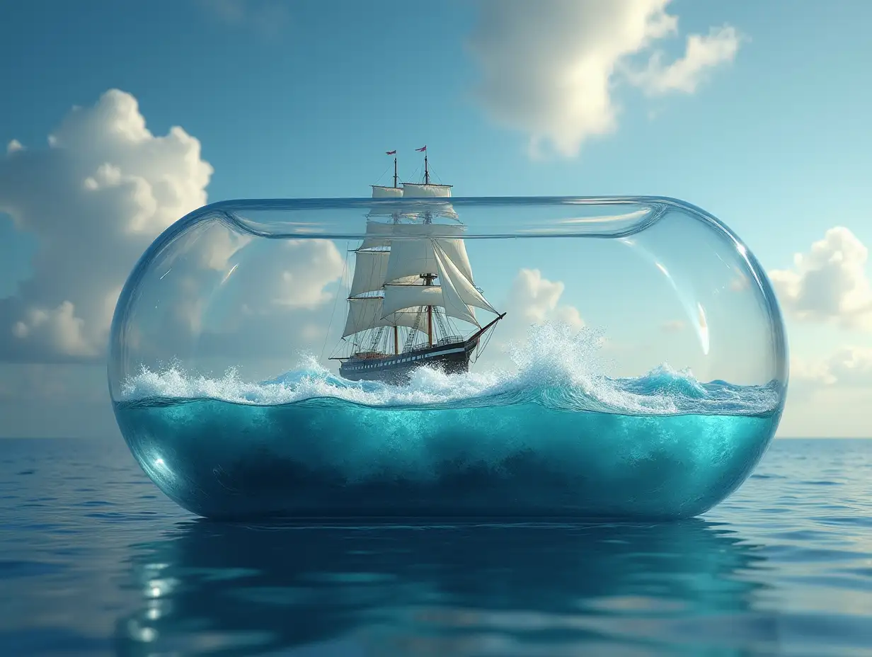 Create an oval glass container with a sea of large waves, a big sailing ship and a 4K resolution flash